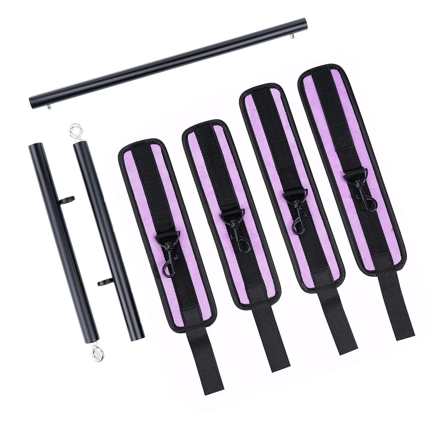 Black Heavy Duty Stainless Steel Expandable Spreader Bar with 4pcs Furry PU Purple Adjustable Straps, Training Fitness Kit,Home Indoor Sports Yoga Set