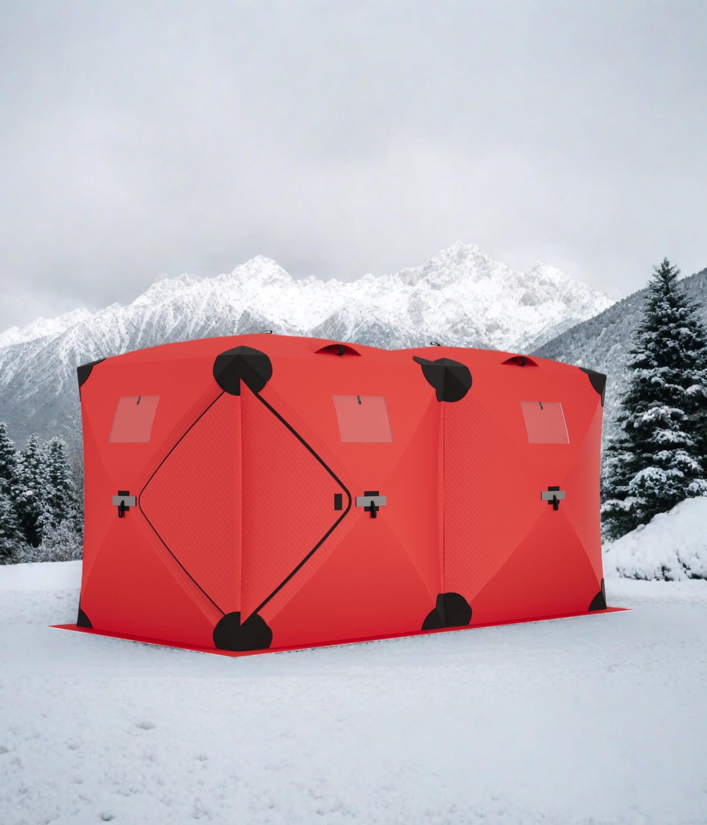 Garvee Pop Up Ice Fishing Tent Insulated Ice Fishing Shelter 140"x70.8"x79" Portable Hub-Style Shelter Shanty Windproof and Warm for 6 to 8 Persons, Includes Anchors, Ropes & Carry Bag, Red