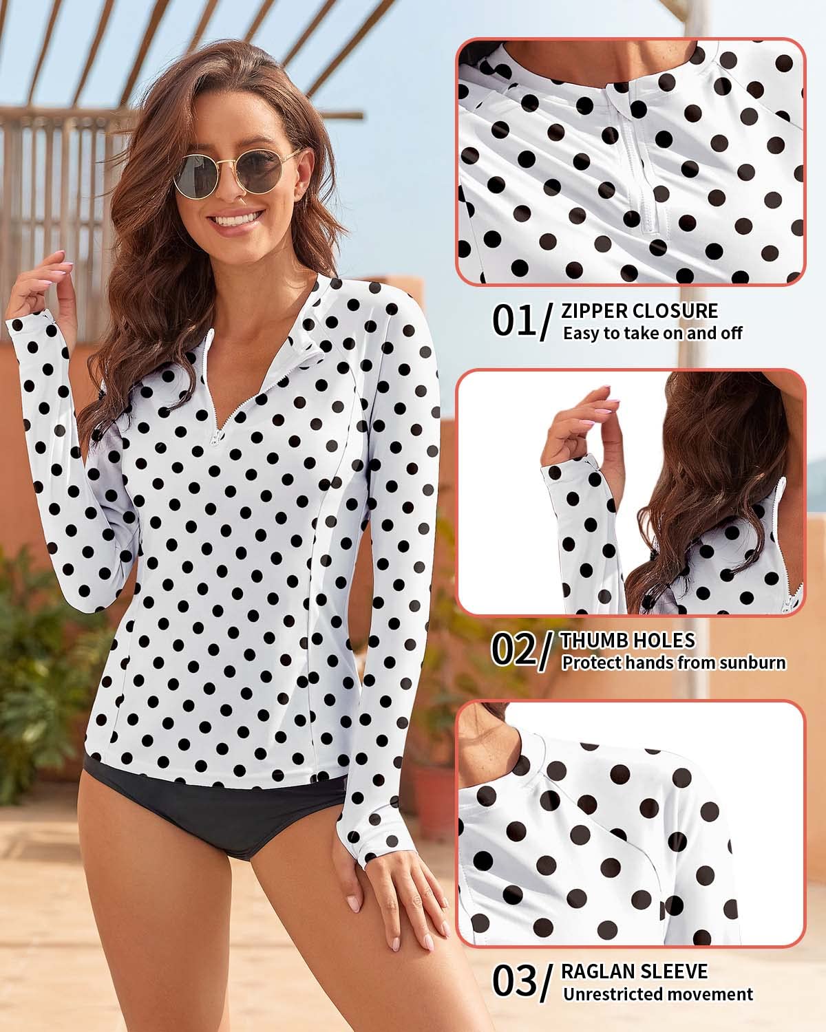 WOWENY Women Rash Guard Long Sleeve Swimsuit Top UPF 50 Sun Protection Swim Shirts Half Zip Bathing Suit(A-Black Dot, Large)