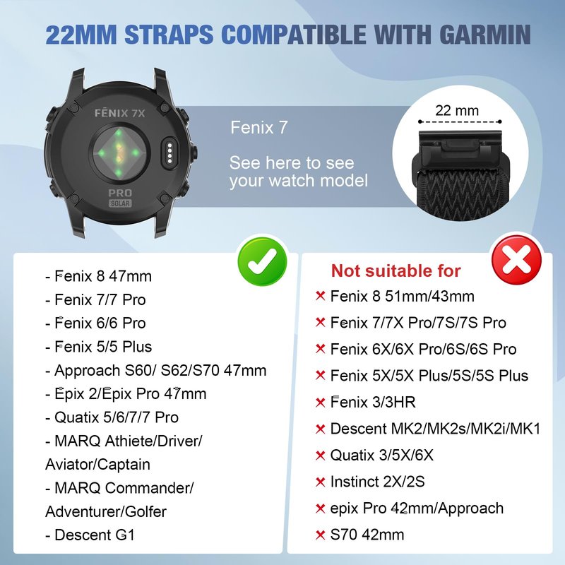 2 Pack Elastic 22mm Watch Quickfit Bands Compatible with Garmin Fenix E 47mm/Fenix 8 47mm/Fenix 7/7 Pro/Fenix 6/6 Pro/Fenix 5/5 Plus, Sport Nylon Replacement Strap