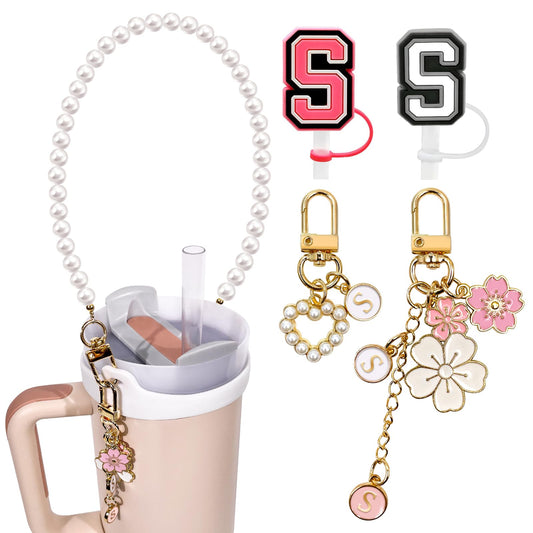 Lingdeer Water Bottle Handle with 2Pcs Letter Charms & 2Pcs Personalized Initial Straw Cover Toppers, Water Bottle Holder Lanyard Sling Carrier Strap, Suitable for 30&40 Oz Stanley Cup Accessories (S)