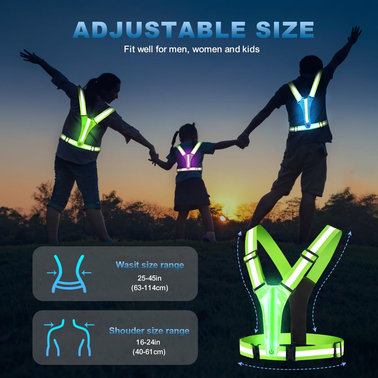 ELLUMIN LED Reflective Running Vest Gear, Rechargeable 5 Lights Colors High-Visibility Gear with Adjustable Waist/Shoulder for Man Woman Night Running Cycling Walking Dogs(Pink & Green)