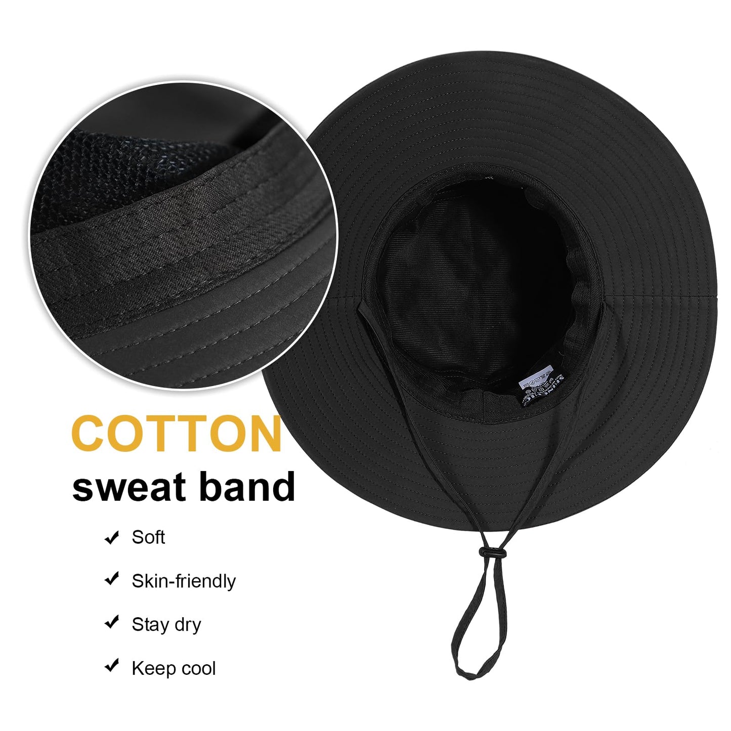 Bucket Sun Hat for Women Wide Brim Breathable Mesh UPF50+ Safari Hat Criss Cross Ponytail Hole Outdoor Rain Hat Black