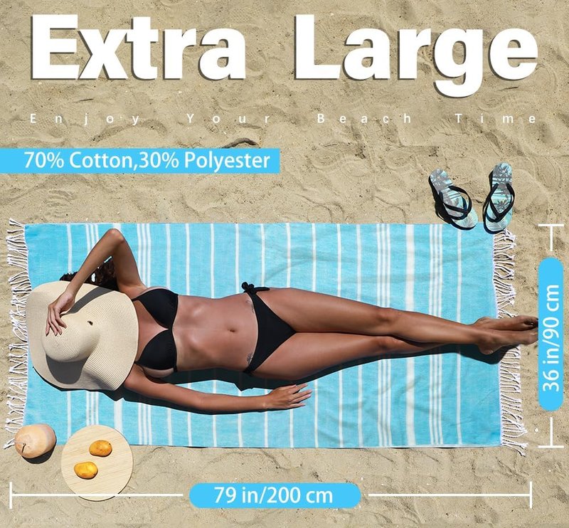 Turkish Beach Towel - Lightweight Quick Dry Absorbent Cotton | Extra Large Sand-Free Bath & Pool Accessory