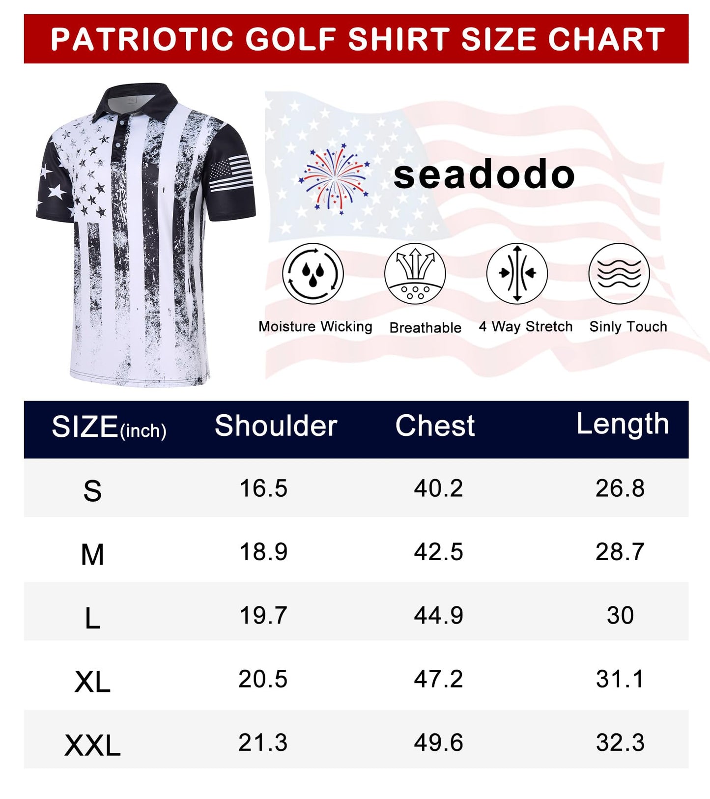 Seadodo Patriotic Polo Shirts for Men 4th of July Golf Shirt American Flag Moisture Wicking Short Sleeve USA Stars and Stripe Polos