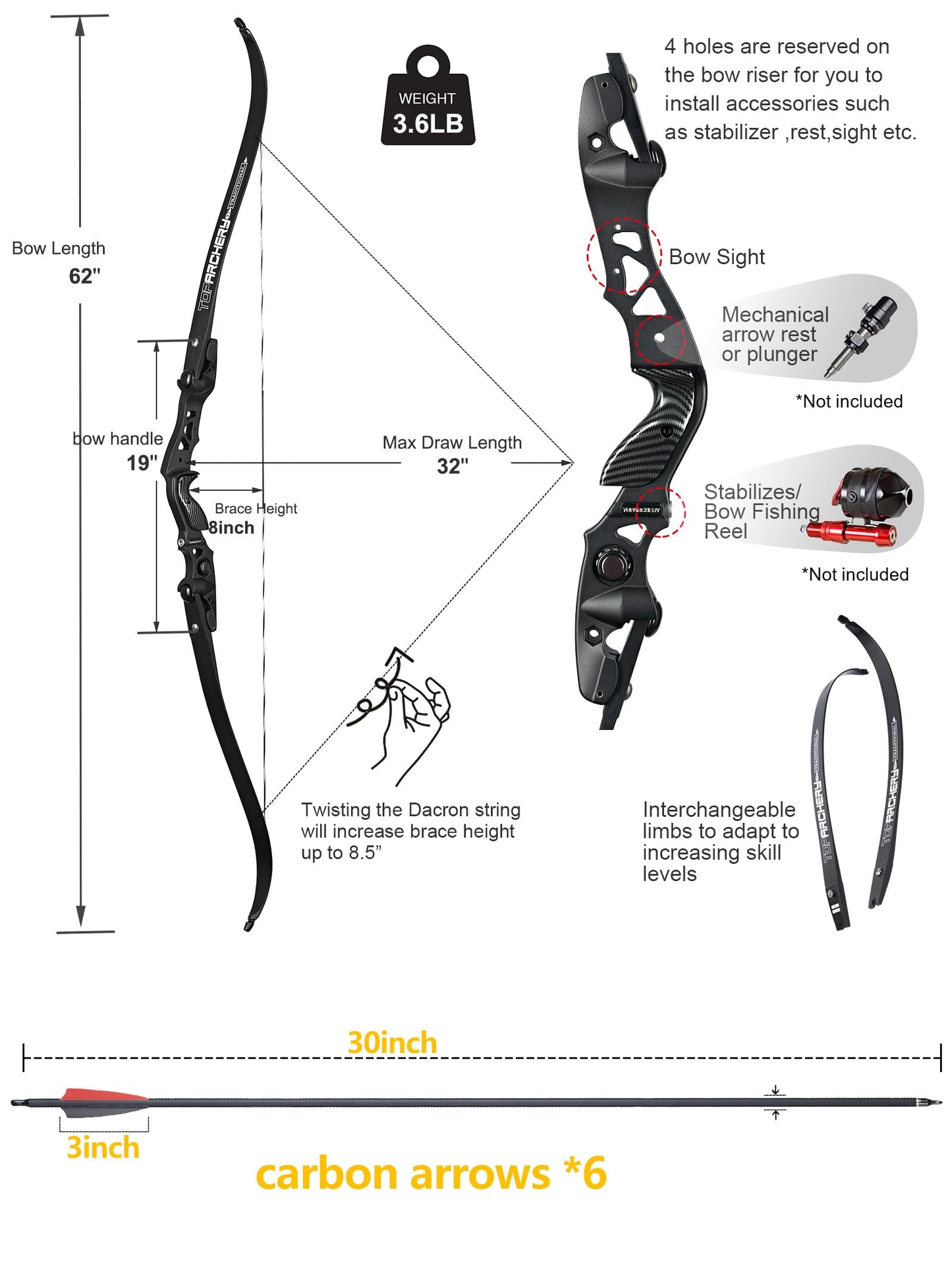TOPARCHERY ILF Takedown Recurve Bow for Adult & Beginner,Bow and Arrow Set 62" Recurve Hunting Bow for Outdoor Training Practice Right Hand (45lb)