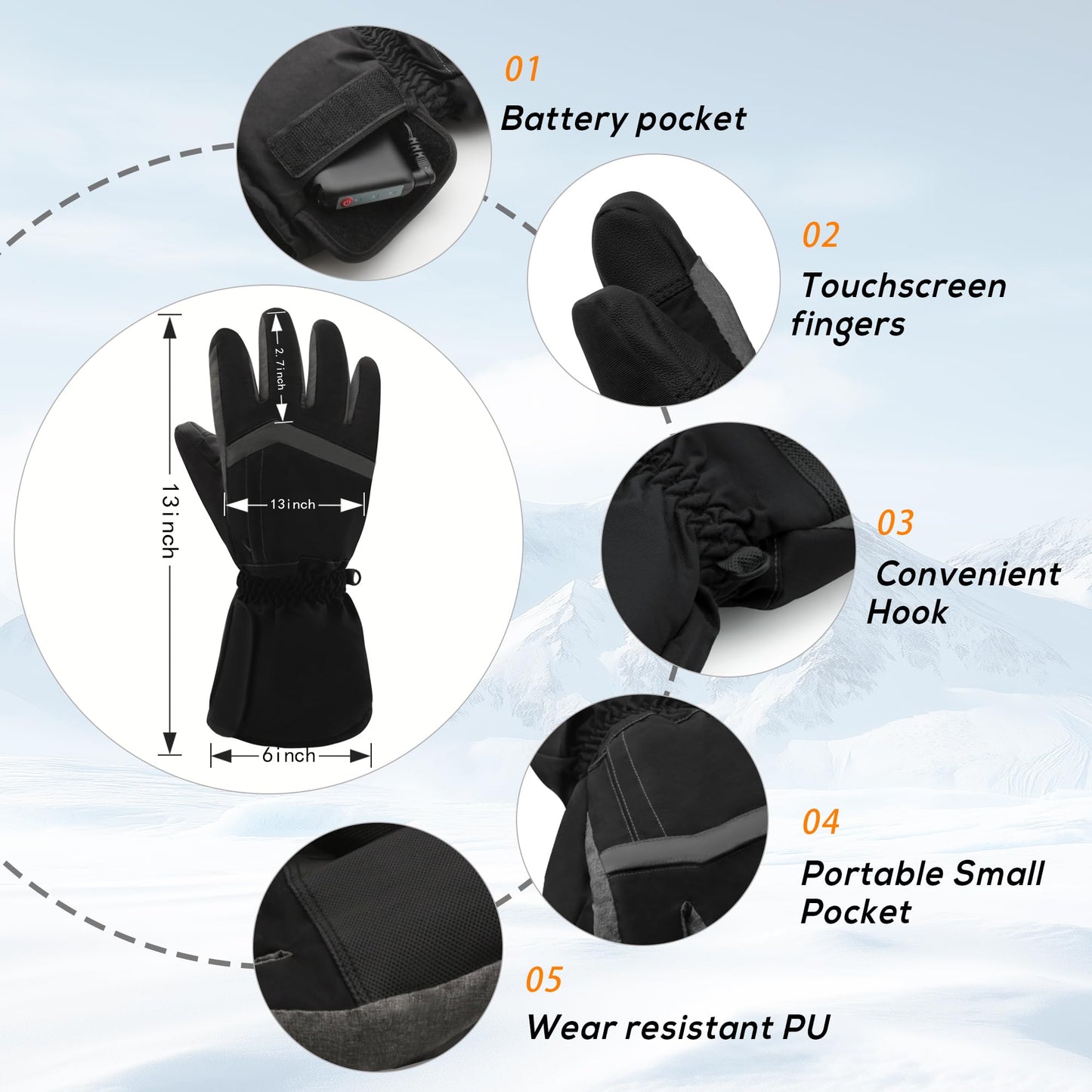 MMlove Heated Gloves, 5V 5000mAh Rechargeable Heated Gloves for Men,Electric Waterproof & Windproof Winter Motorcycle Warm Gloves with Touchscreen for Cycling Skiing Hiking Camping Working
