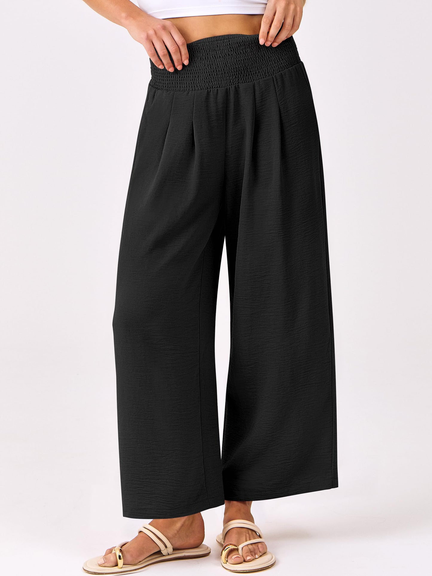 ANRABESS Womens Wide Leg Palazzo Pants with Pockets,Black,L