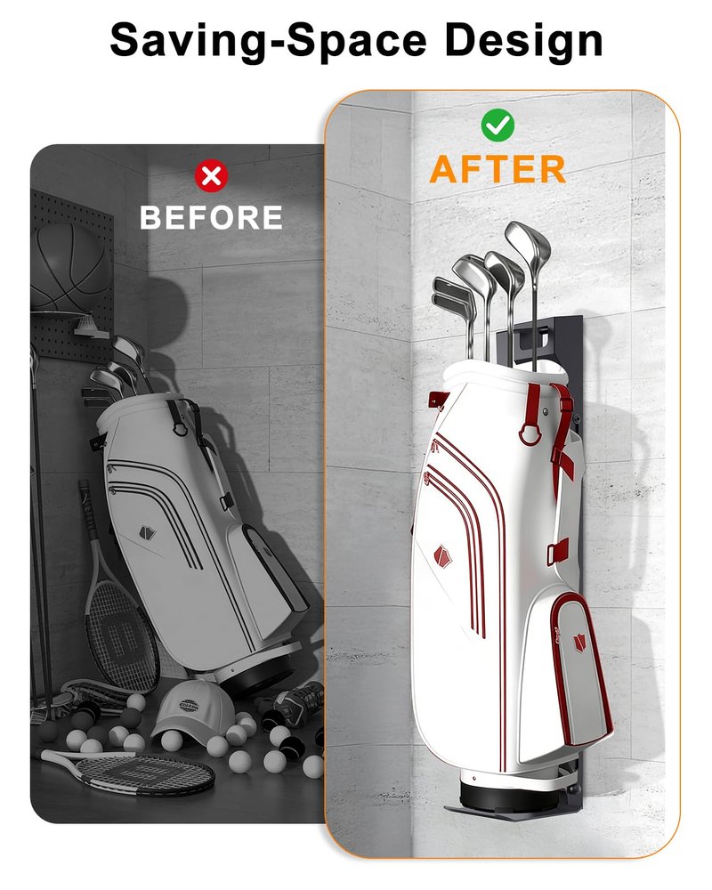 KBKJYYGS Golf Bag Wall Mount,Golf Bag Holder for Garage,Golf Bag Storage Rack,Golf Bag Organizer for Garage,Golf Bag Stand for Home Basement,Height Adjustable,Great Gilf for Golf Enthusiasts, Black