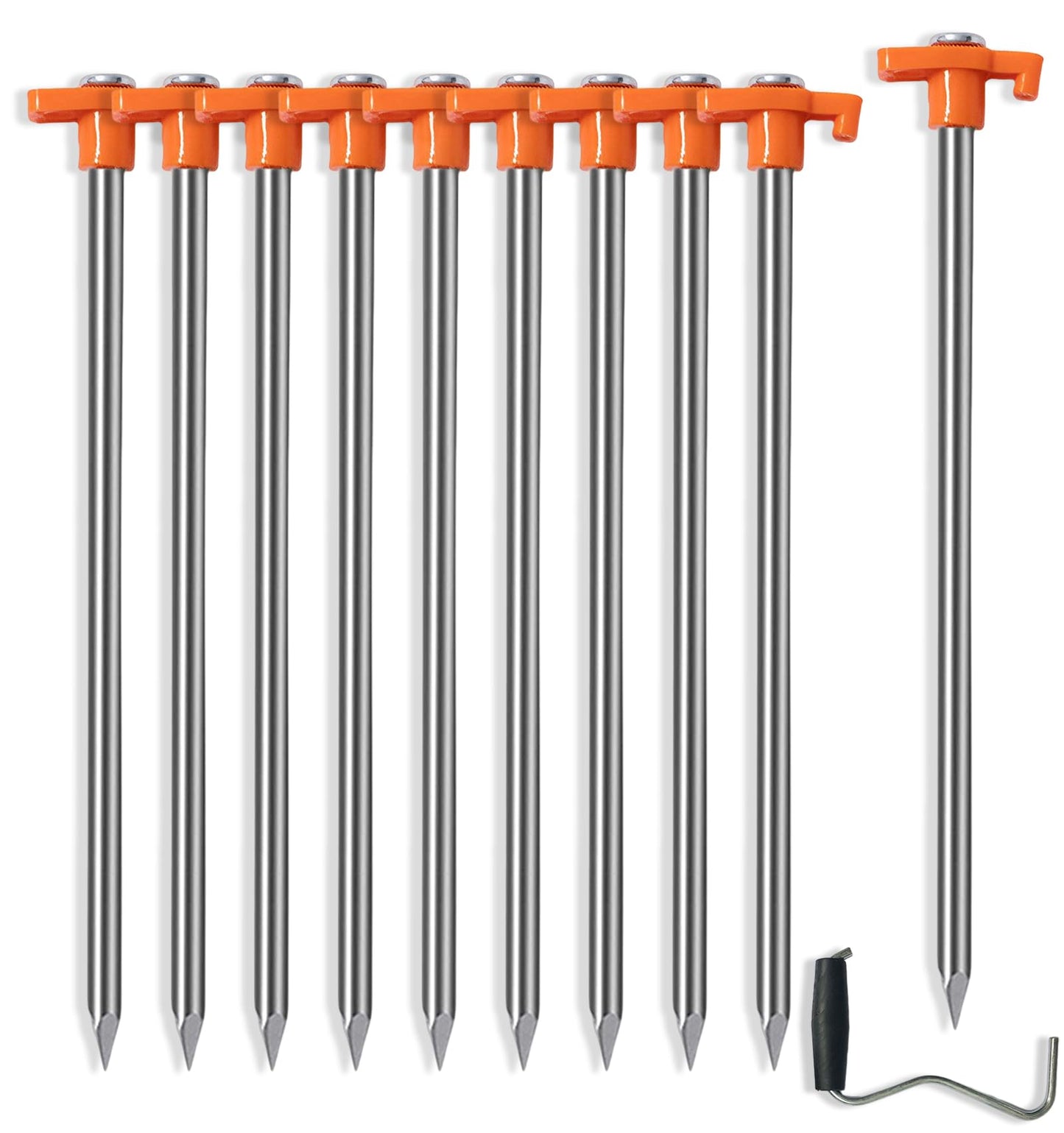 Cheardia 10 Pack Tent Stakes Heavy Duty, 10.25 Inch Yard Stakes Non-Rust Metal Tent Pegs Ground Stakes Tent Spikes for Decorations Camping Patio, Garden, Canopies, Grassland, Outdoor, Orange