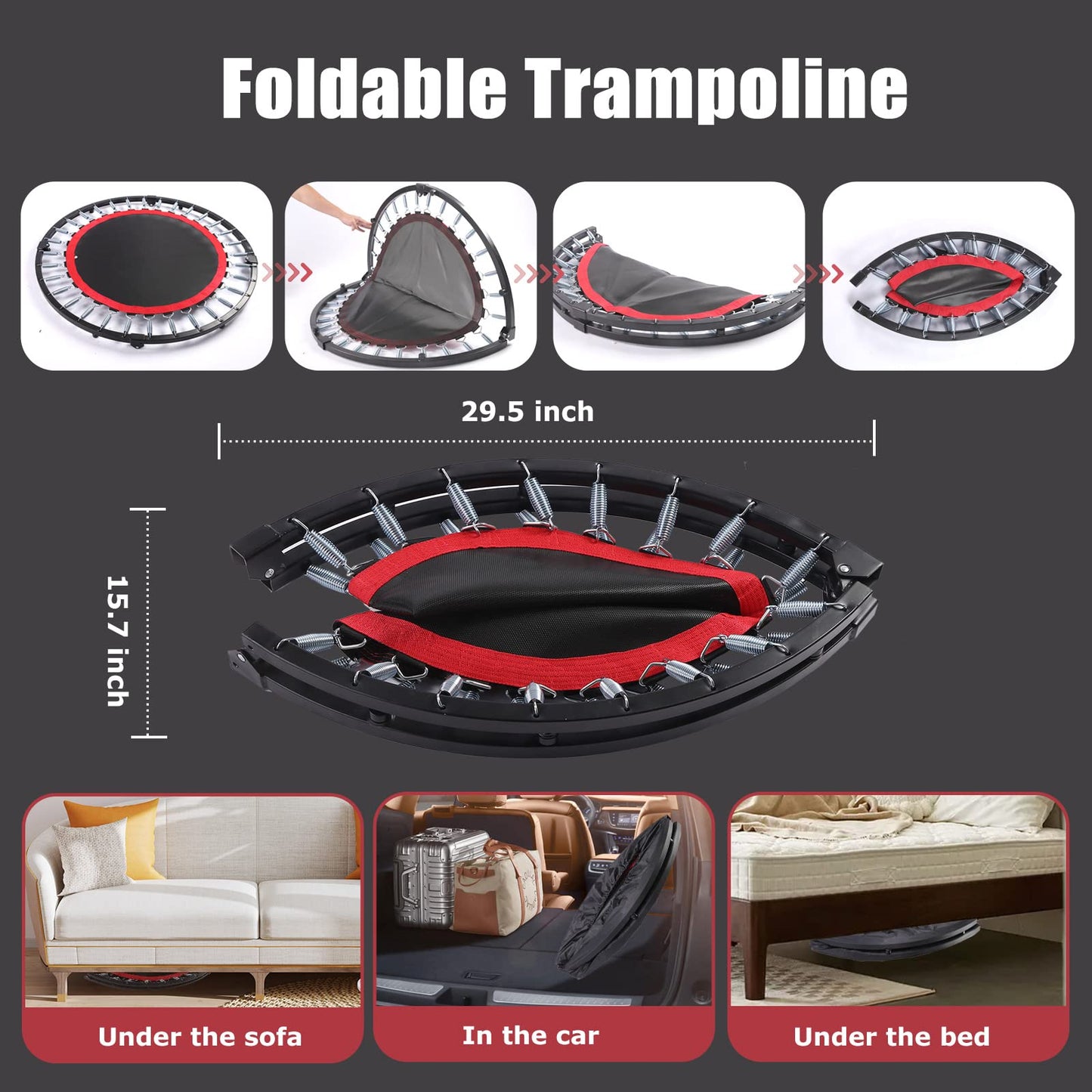 40" Rebounder Trampoline for Adults with Bar - Foldable Mini Exercise Trampoline, Small & Portable Workout Trampoline for Fitness