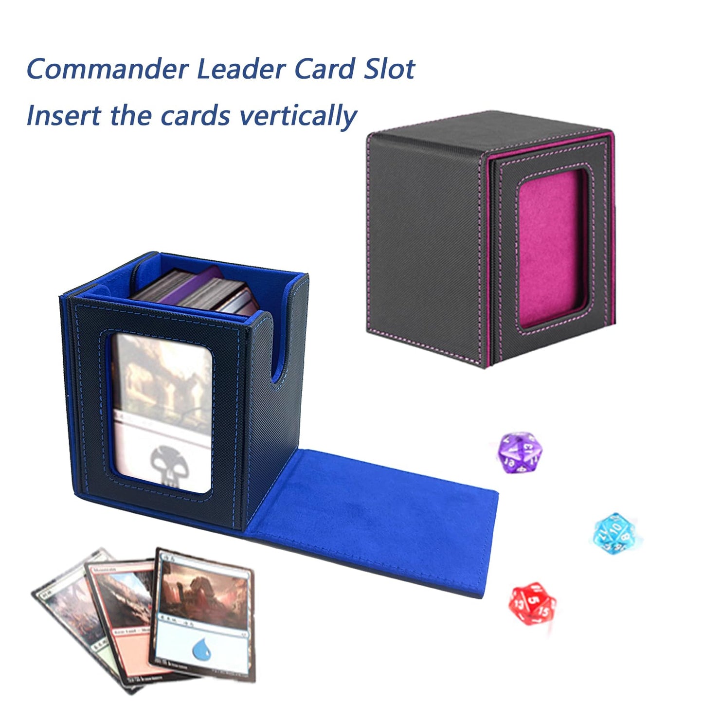 Banigic Card Deck Box for Commander Display, MTG Deck Box Fits 100+Single Sleeved Cards, Trading Card Storage Box with 2 Dividers and 35pt Card Holder (Black&Blue)