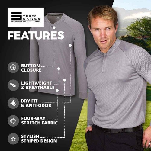 Dry Fit Long Sleeve Collarless Golf Shirts for Men - 4 Way Stretch and Moisture Wicking Golf Polo Charcoal