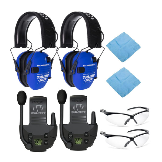 Walker's Razor Slim Shooting Earmuffs - Take America Back Series (Trump 2024) Bundle with Walkie Talkies, Protective Cases, Shooting Glasses and Cleaning Cloths 2-Pack