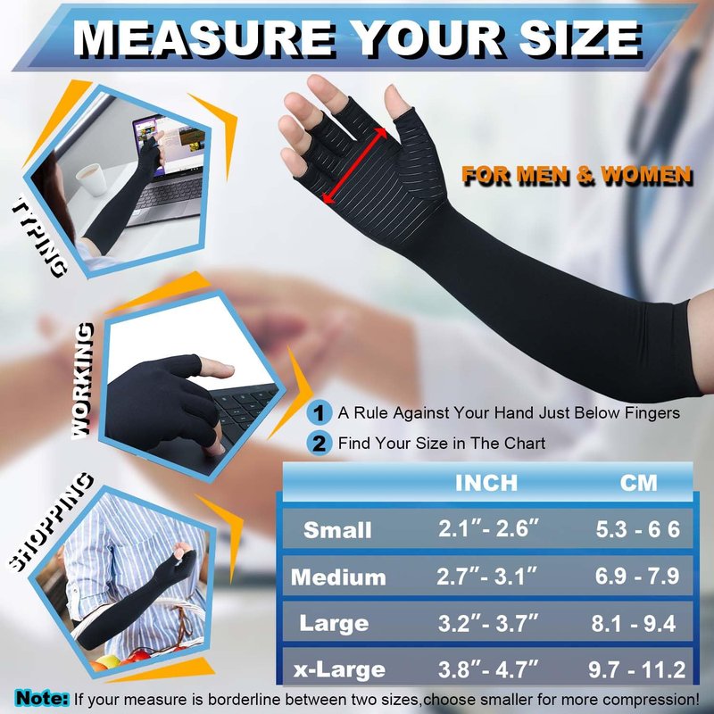 Copper Long Arthritis Gloves,Long Wrist Compression Arm Sleeve Carpal Tunnel Gloves, Fingerless Hand Compression Gloves for Men Women Computer Typing, RSI, Support Hands Wrist &Arms - 1 PAIR (Medium)