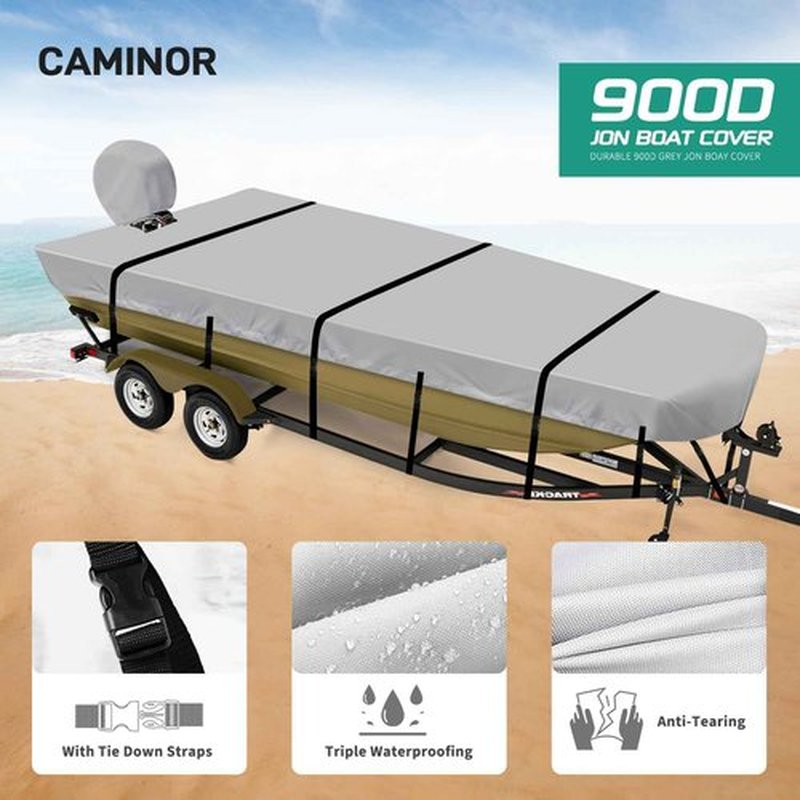 Caminor Jon Boat Cover 16ft, 900D Heavy Duty Trailerable Waterproof 16 ft Jon Boat Cover with Motor Cover, Marine Grade Canvas,Gray