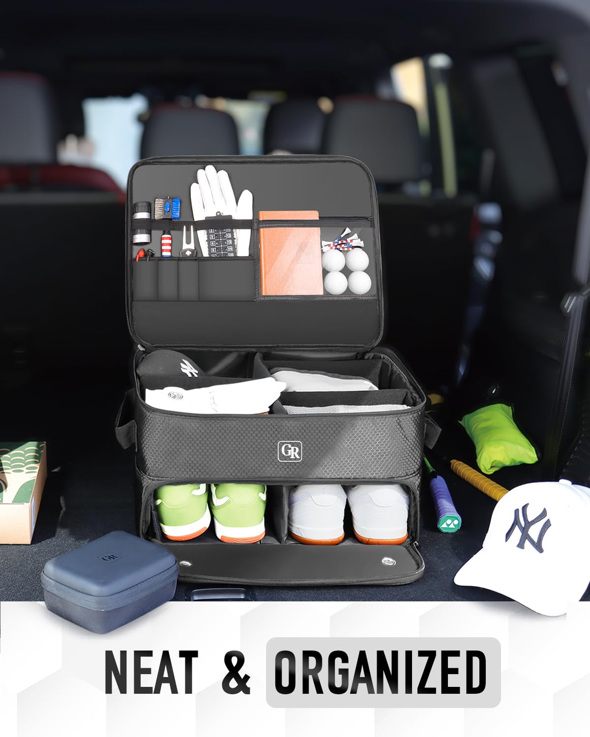 Odor-Absorbing 2-Layer Large Golf Trunk Organizer with Activated Carbon Fabric - Water-Resistant Golf Shoe Bag for Shoes Balls Tees Clothes Gloves Golf Accessories, Fathers Day Dad Gifts for Men
