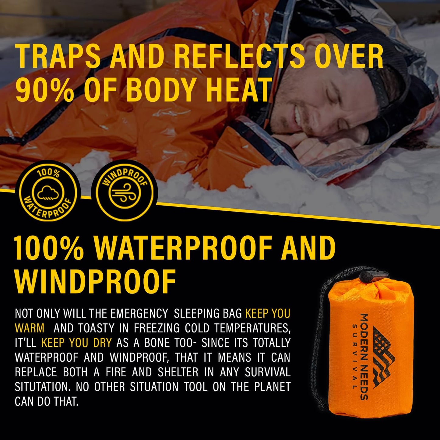 Modern Needs Emergency Sleeping Bag (1 Pack) – Emergency Thermal Blankets for Survival – A Must-Have for Your Survival Gear and Supplies