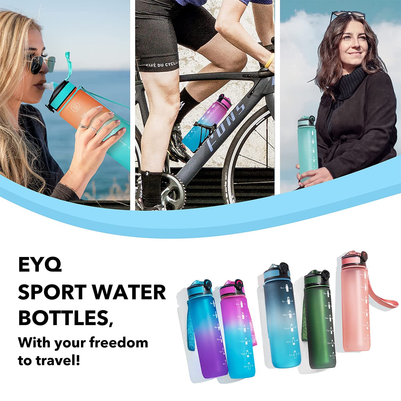 EYQ 32 oz Water Bottle with Time Marker, Carry Strap, Leak-Proof Tritan BPA-Free, Ensure You Drink Enough Water for Fitness, Gym, Camping, Outdoor Sports