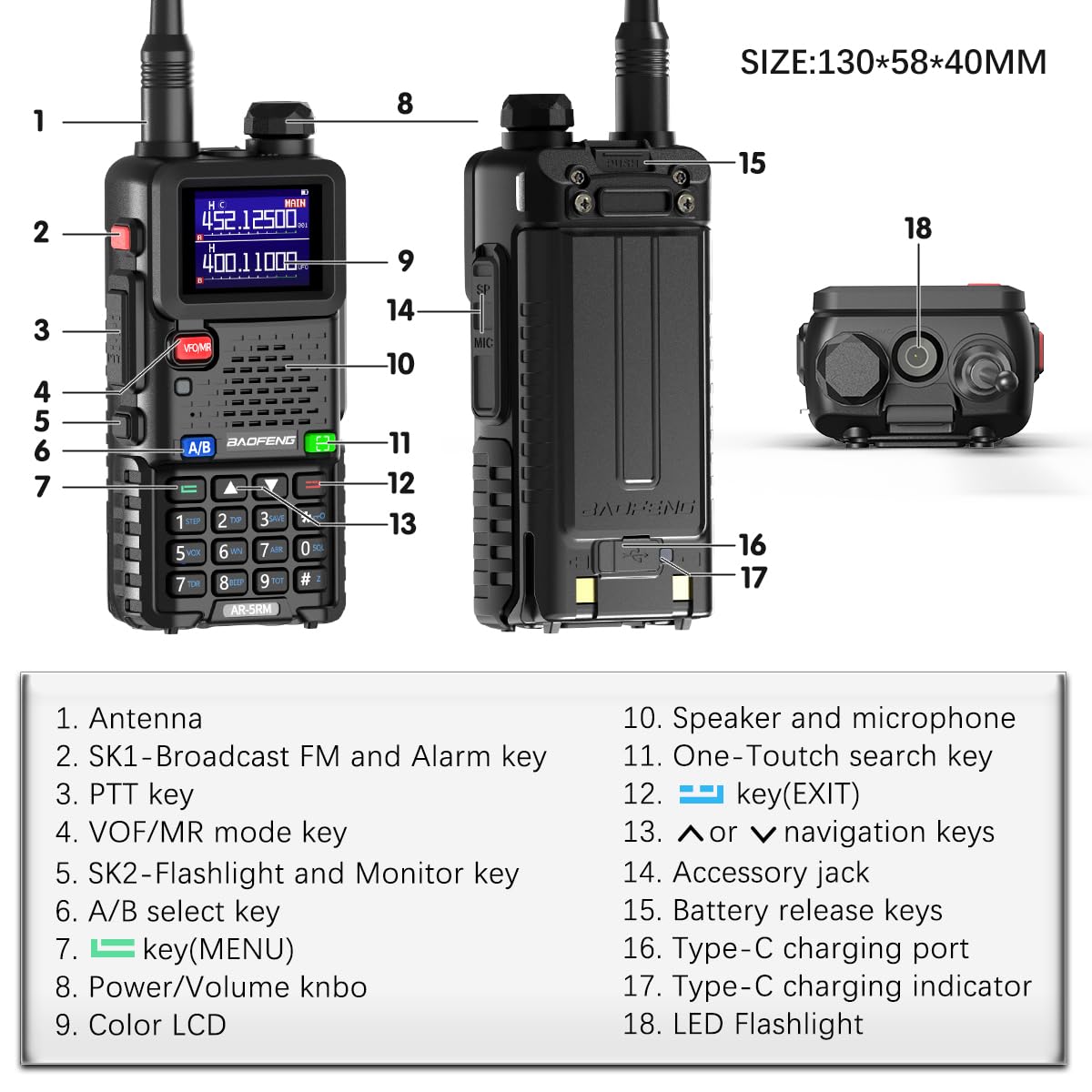 Ham Radio Baofeng Radio 5RM 10W Long Range Handheld AR-5RM Two Way Radio UV-5R NOAA Weather Receiver Rechargeable Walkie Talkies Longe Range DTMF Copy Frequency 999CH with Type C Charging(1 Pack)