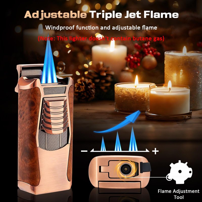 VloEssic All in One Butane Torch Lighter, Triple Jet Flame Windproof Lighter Built-in Cutter, Punch, Holder, Draw Enhancer, Refillable Butane Lighter for Candles, Cool Lighters Gift for Men (No Gas)