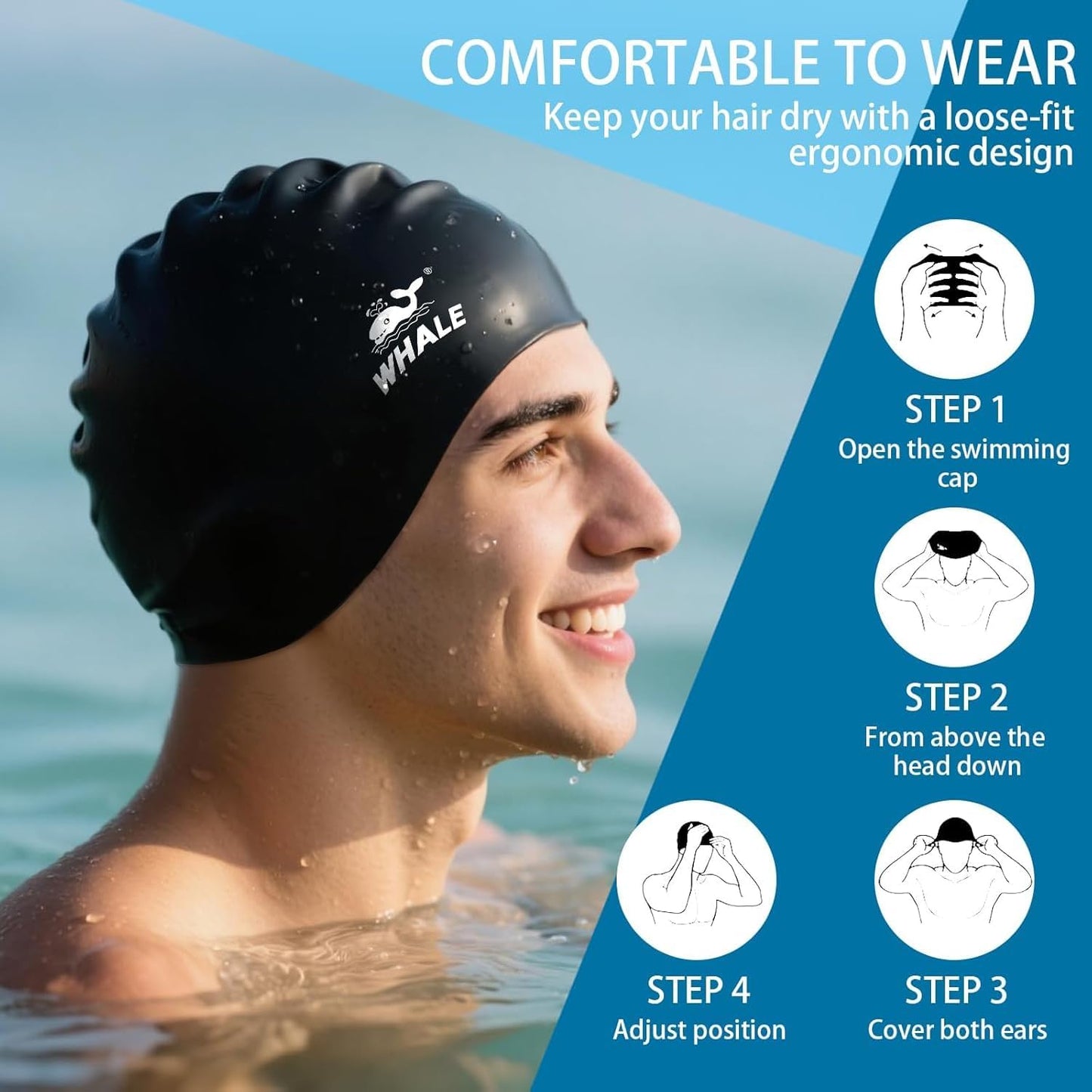 Extra Large Swim Cap - Durable Silicone with Ear Protection | Unisex Cap for Long, Thick, Curly Hair, Dreadlocks, Braids, Afro Hair