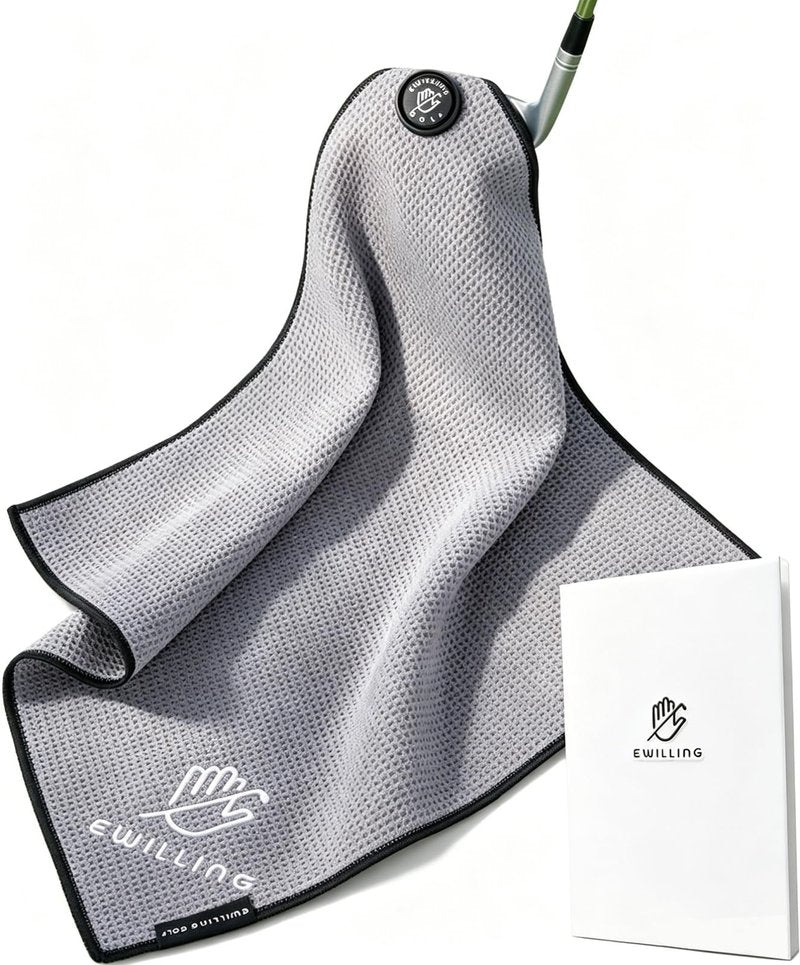 EWILLING Pro-Grade Golf Towel | Thickened Waffle Microfiber, Magnetic Attachment & Carabiner, 18-Inch Square for Optimal Coverage(Grey)