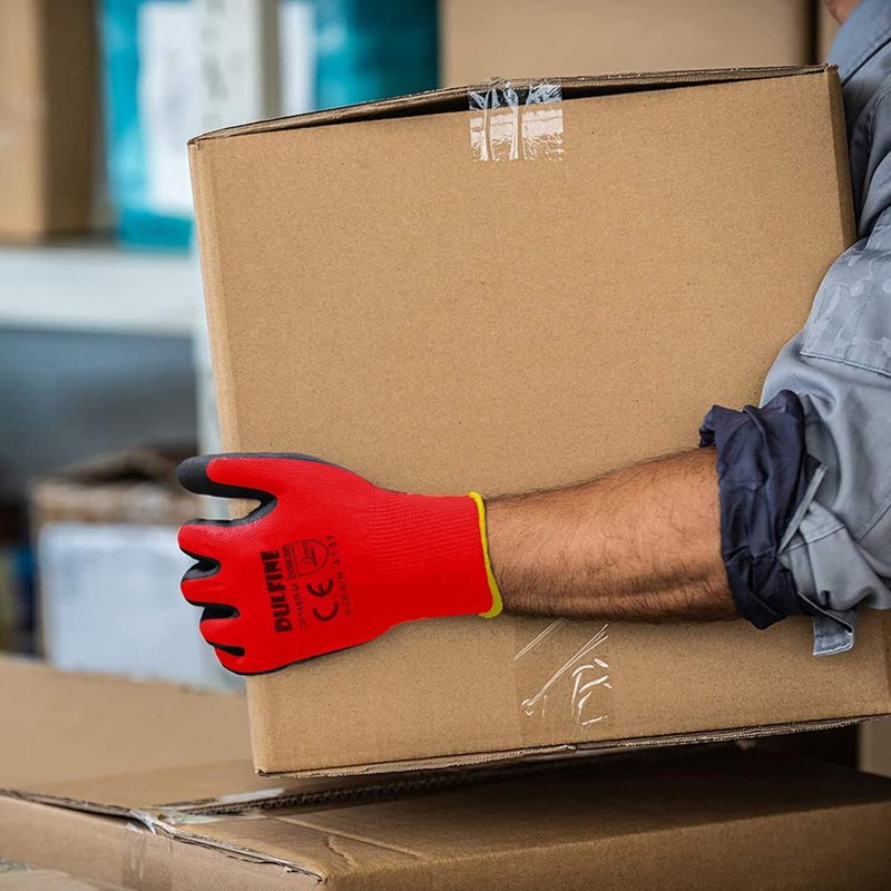 DULFINE Safety Work Gloves - PU Coated Red Seamless Knit with Smooth Grip | Large, 12 Pairs for Men & Women