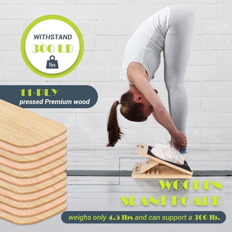 Calf Stretching Slant Board - Adjustable Wooden Incline Wedge with Training Poster | 300 Lbs Capacity