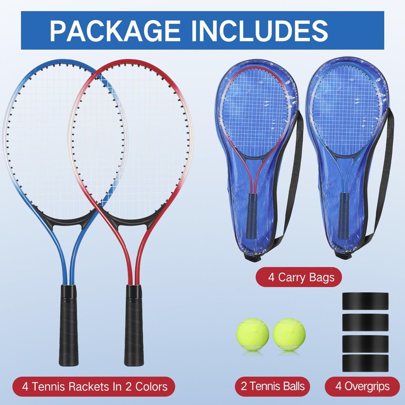 4 Pack Tennis Rackets Recreational 21 Inch Lightweight Tennis Racket Bulk with Balls Overgrips Carry Bag for Training Beginners