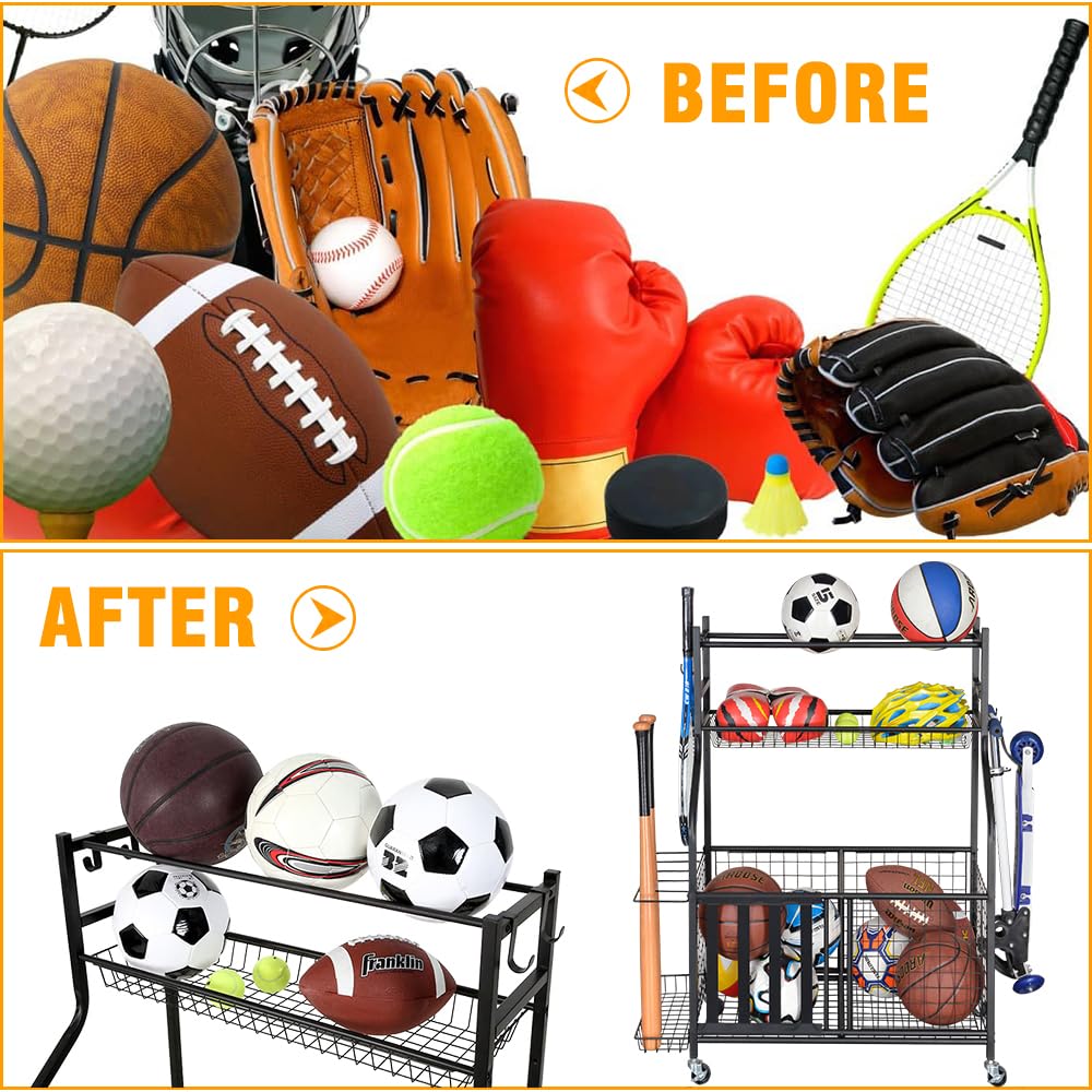 Snail 4-Tier Garage Sports Equipment Storage Organizer Sports Ball Storage Rolling Cart with Basket and Hooks Lockable Sports Ball Cage Storage Rack for Garages, Playgroup, Gym and Schools, Black