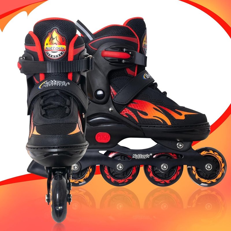 Nattork Adjustable Inline Skates for Kids and Teens, Nezha Inferno Skates Indoor and Outdoor Blades Roller with 8 Light Up Wheels for Boys Girls Youth Aged 6-16, Adult Beginners Flame Style 11 12 13