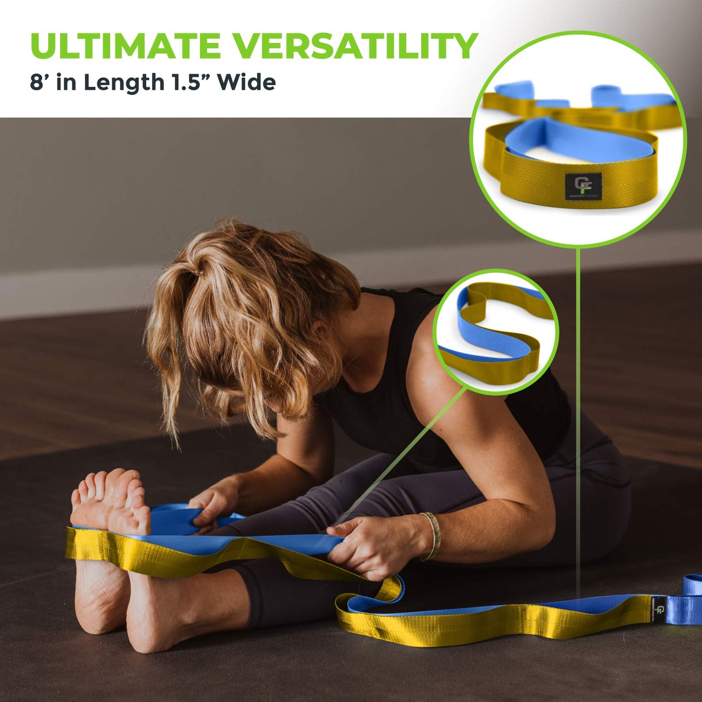 Gradient Fitness Stretching Strap for Physical Therapy, 12 Multi-Loop Stretch Strap 1.5" W x 8' L, Neoprene Handles, Physical Therapy Equipment, Yoga Straps for Stretching, Leg Stretcher (Blue/Gold)