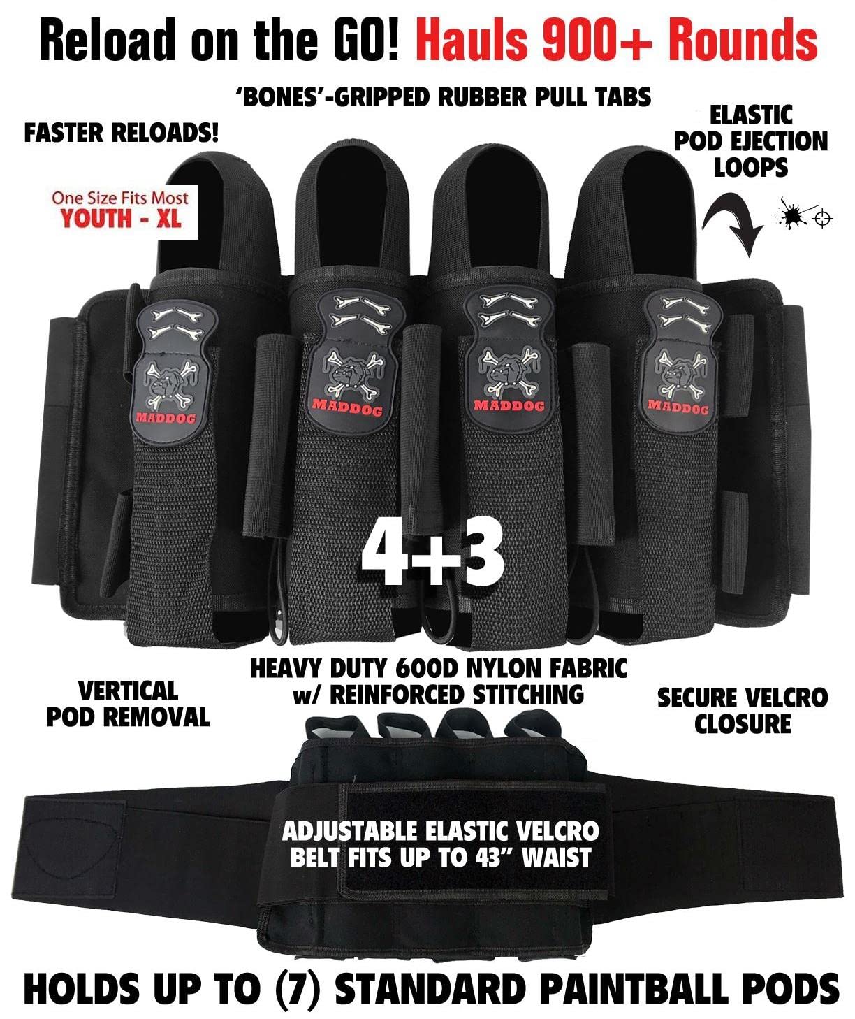 Maddog Pro 4+3 Paintball Harness Pod Pack with (4) 150 Round Bones Paintball Pods | Pod Ejection | Adjustable Elastic Velcro Belt