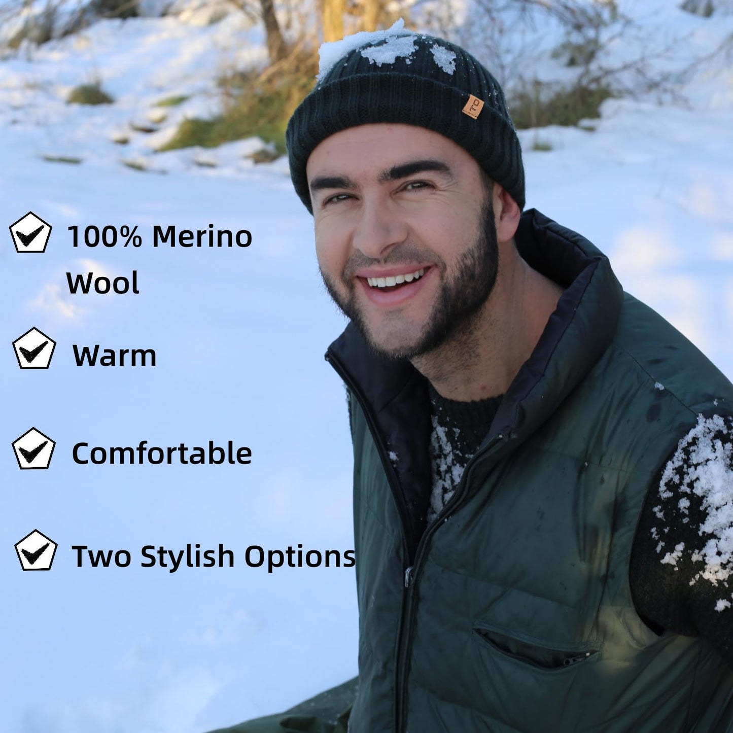 TOP-EX XL/XXL 100% Merino Wool Short Fisherman Beanie Hats for Men Women Knit Skull Cap Cuffed Beanie Warm Winter Hats Daily Hat Large Head Hat Black XL/XXL