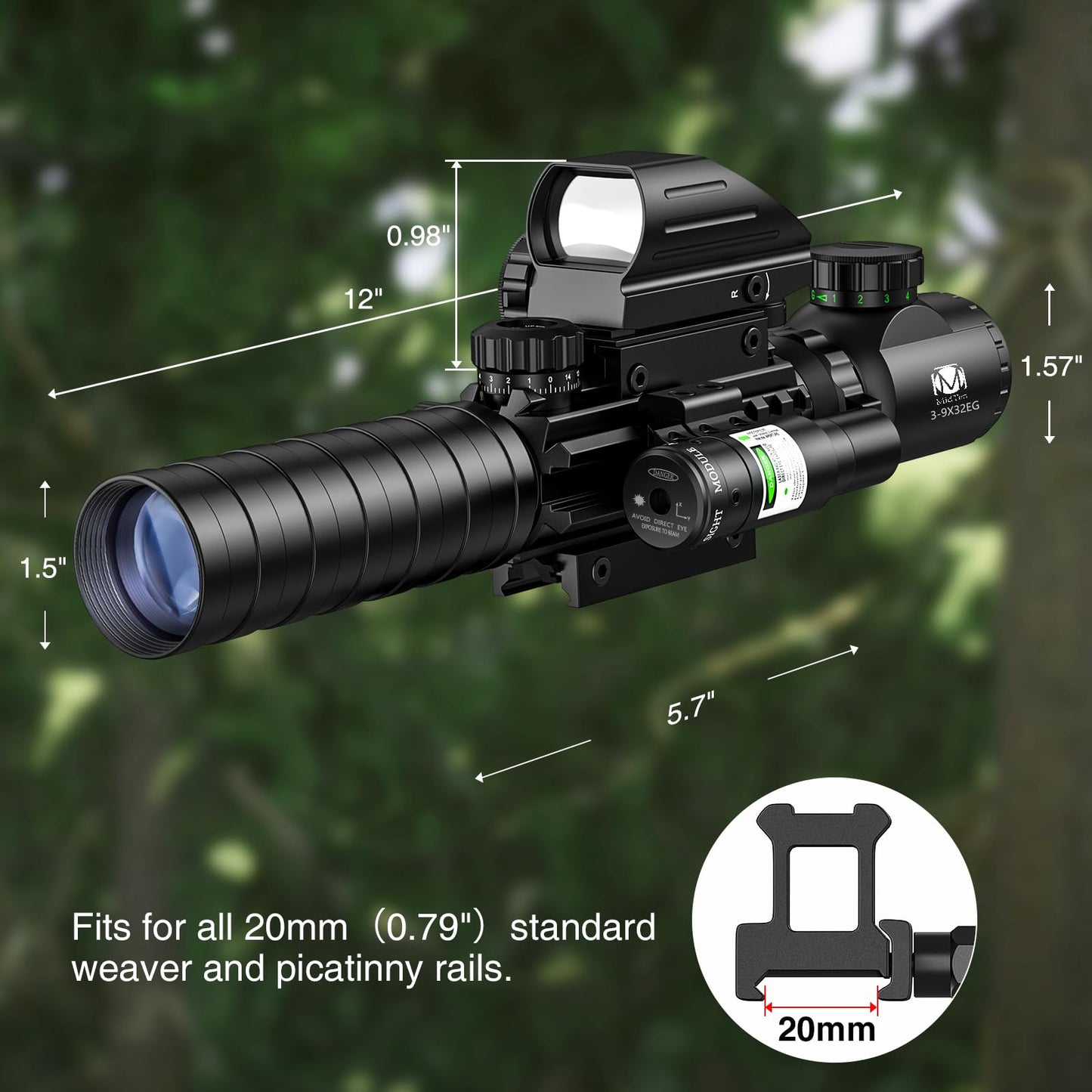 MidTen 3-9x32 4-in-1 Scope Combo with Dual Illuminated Scope Optics & 4 Holographic Reticle Red/Green Dot Sight & IIIA/2MW Laser Sight Rangefinder Illuminated Reflex Sight & 20mm Mount