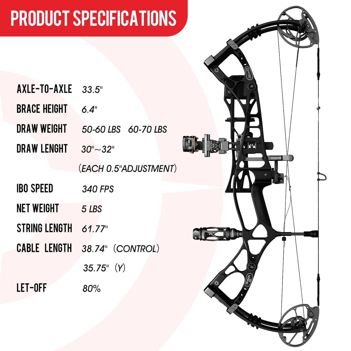 Sanlida 2024 Dragon 10 Flagship Top of The Line Hunting Compound Bow Kit for Adults and Advanced Archers, IBO Speed 340 FPS, Limited Life-time Warranty (Large Cam(30"-32"), Black, 60-70#)