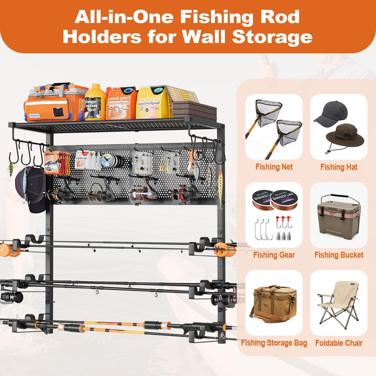Olakee Wall Mount Fishing Rod Holders, Large Capacity Fishing Pole Holders for Garage Organizer, Horizontal Fishing Pole Rack Holds Up to 6 Rods with Pegboard & Hooks, Ideal Gift for Men Dad Anglers