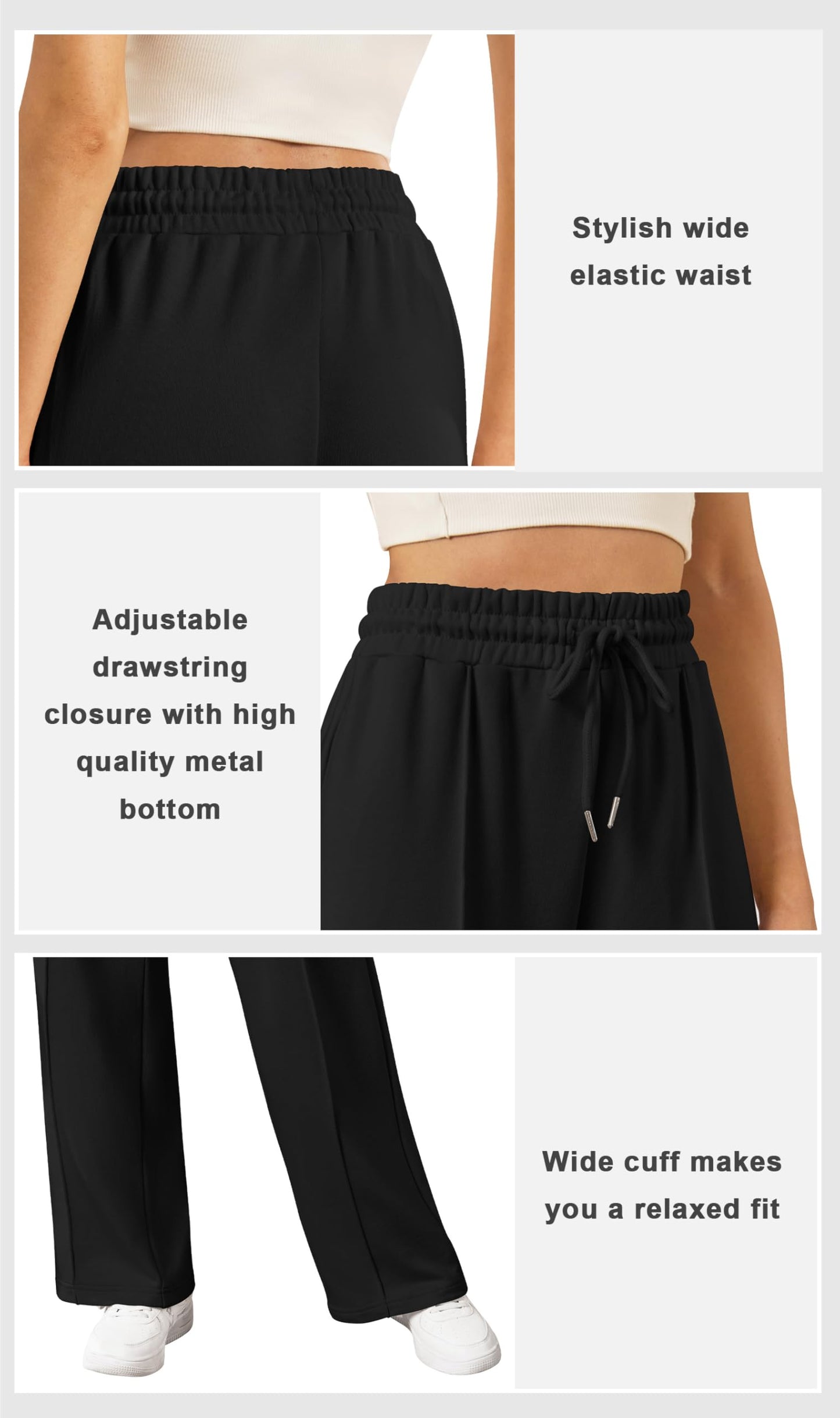 JEKAOYI Womens Wide Leg Sweatpants Baggy Loose Comfy Pants Casual Lounge Sweatpants with Drawstring Black