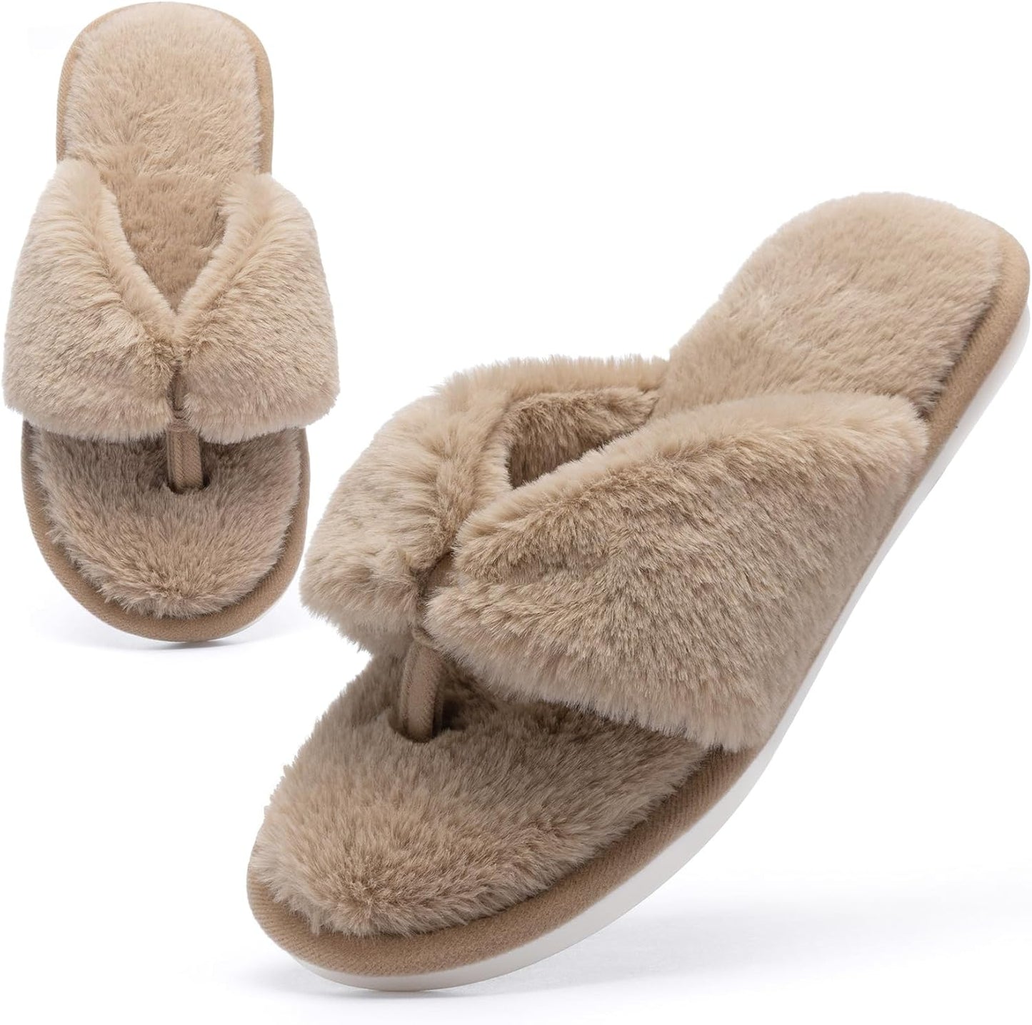 Fluffy House Slippers for Women - Open Toe Memory Foam Slides | Soft Indoor/Outdoor Flip Flops