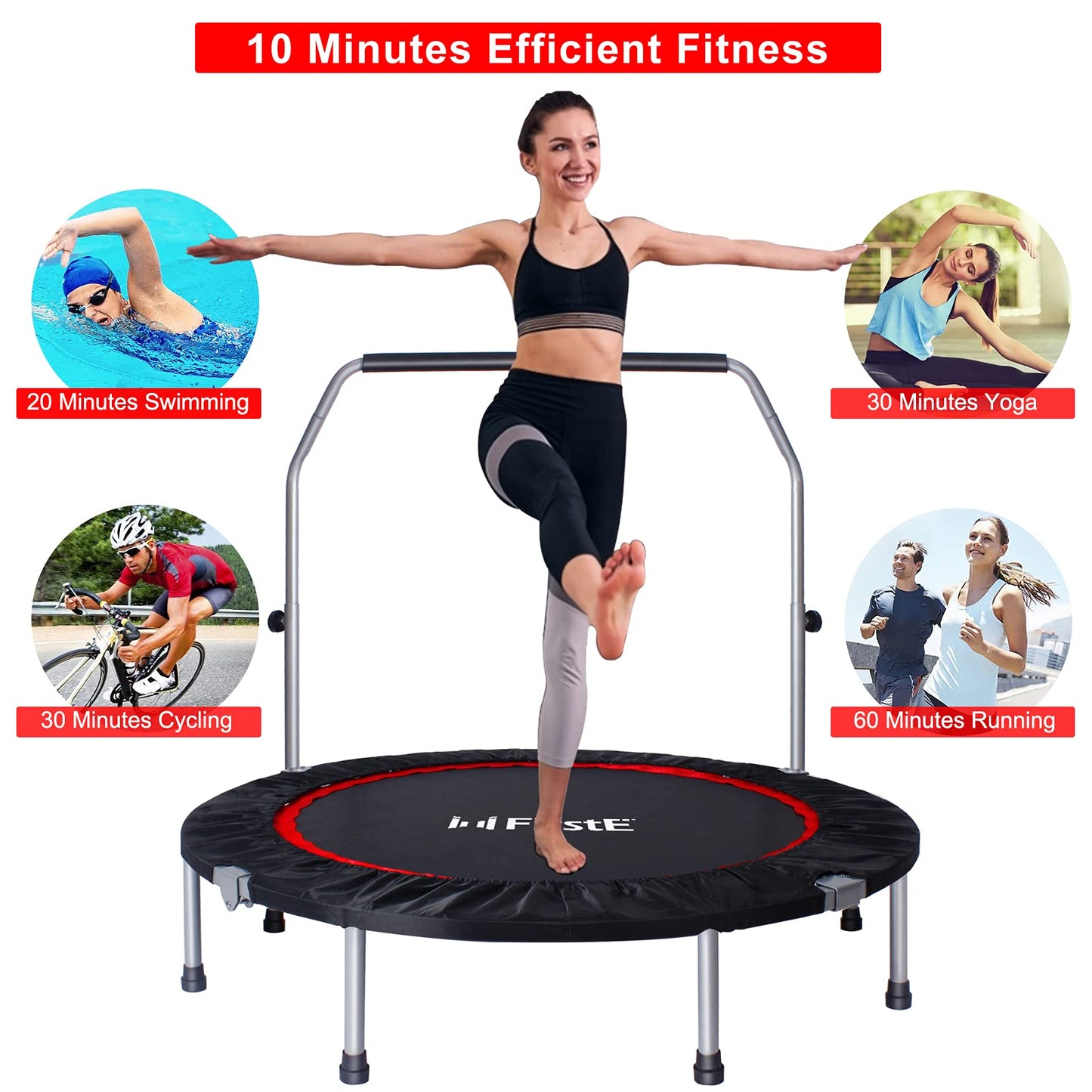 50 Inch Mini Fitness Trampoline for Adults, Foldable Exercise Trampoline with 5 Levels Adjustable Foam Handle, Rebounder Trampoline for Bounce Workout Indoor/Garden Max Load 440lbs