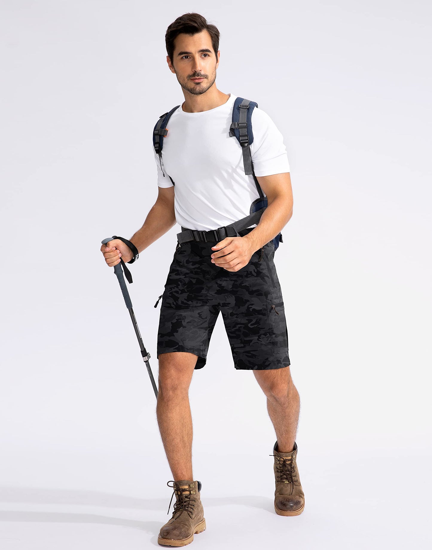 Pudolla Men's Hiking Cargo Shorts 9" Lightweight Outdoor Work Shorts for Men Travel Golf Camping Casual with 5 Zipper Pockets(Black Camo X-Large)