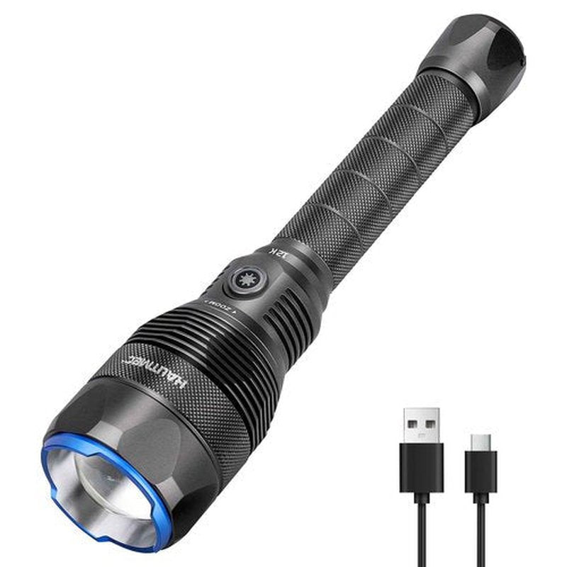 HAUTMEC Rechargeable Flashlights 12000 High Lumens Flashlight, 5 Light Modes Bright Flashlight, 2X Zoom, IP67 Waterproof & Impact-Resistant, and Power Bank, for Emergencies, Hunting, Camping, Hiking