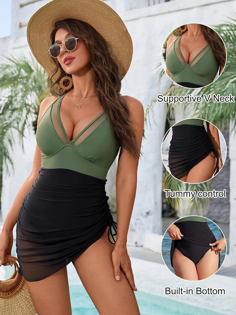 One Piece Swim Dress for Women - Tummy Control & Slimming Mesh Sarong Wrap | Elegant Bathing Suit