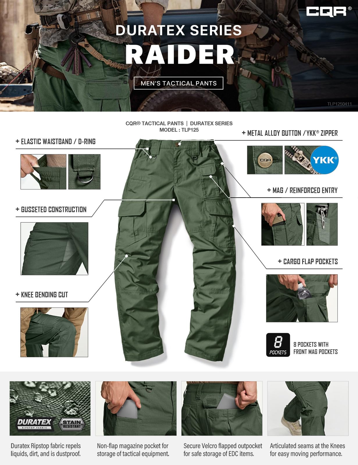 CQR Men's Tactical Pants, Water Resistant Ripstop Cargo Pants, Lightweight EDC Work Hiking Pants, Outdoor Apparel, Raider Mag Green Kelp, 32W x 32L