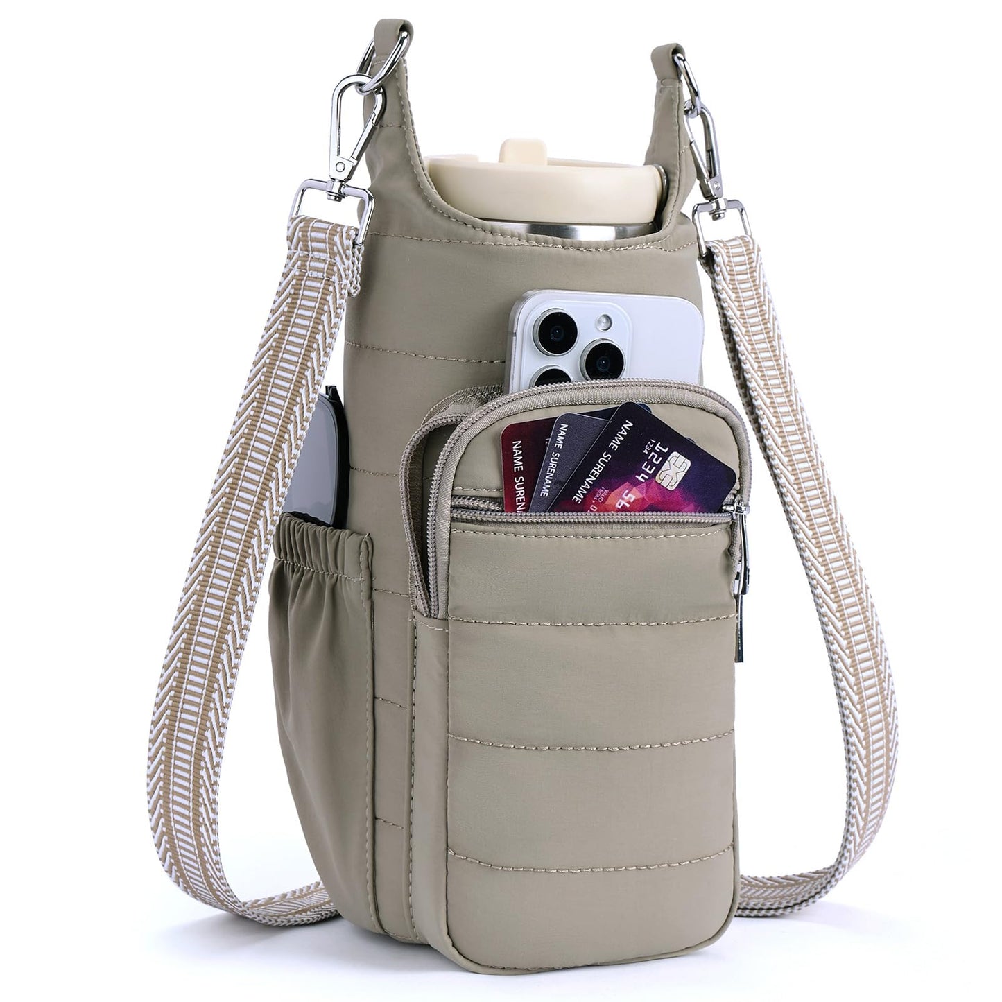 Lexiyat Water Bottle Bag 40 oz Crossbody Bag Insulated Carrier Purse Holder for Walking Hiking with Adjustable Strap Khaki