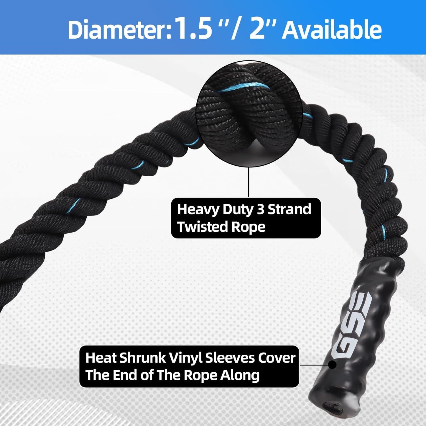 Gym Battle Rope - Heavy-Duty Exercise Rope for Strength Training | Indoor & Outdoor Workouts - 30, 40, 50 Feet Lengths