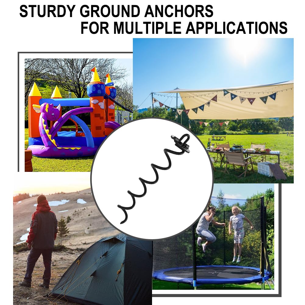 Eurmax USA 4-Pack Spiral Ground Stakes,Anti-Rust High Wind Trampoline Stakes Anchors,Heavy Duty Screw-in Anchor Kit with Tie Down Straps for Dog Tie-Out,Trampoline,Tents,Tarps,Carports and More,Black