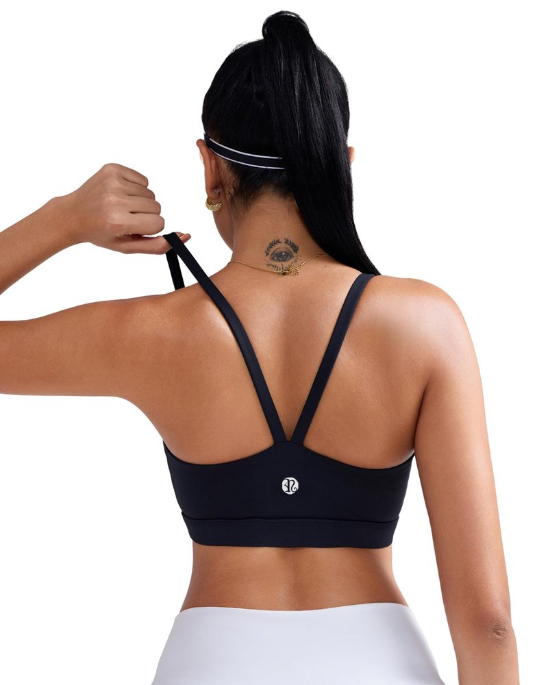 RUNNING GIRL Sports Bras for Women,Light Impact Spaghetti Thin Strap Molded Cup Black Sports Bra Yoga Workout Bra(WX3118Black_M)