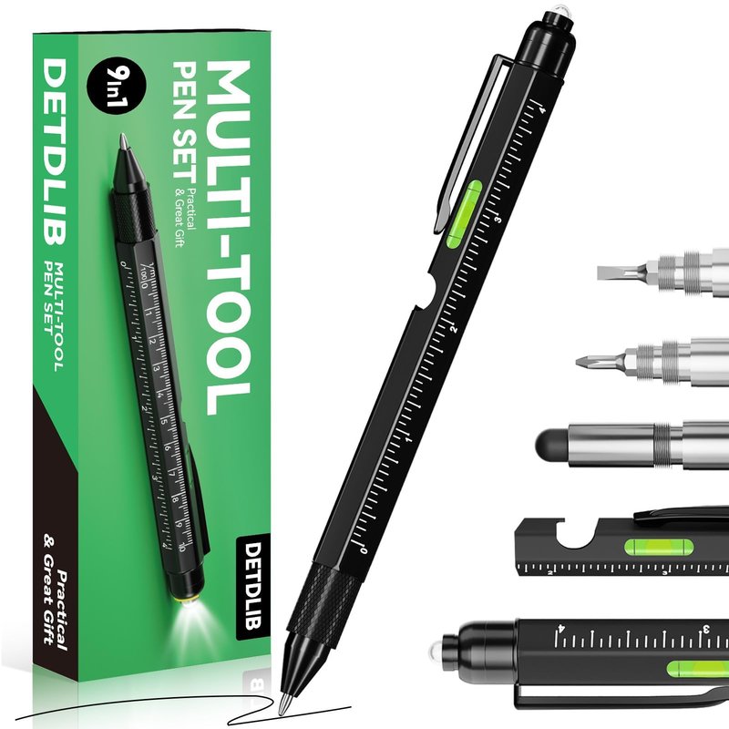 9-in-1 Multitool Pen with LED Light, Stylus, Level, Screwdriver, Fathers Day Dad Gifts for Husband, Dad, Men, Women, Dad, Him, Husband, Father, Mechanic, Birthday Gifts for Men, Cool Gadget, Black